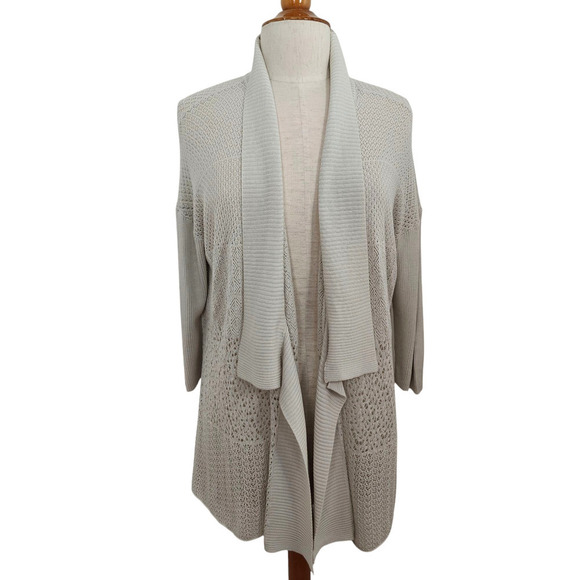 EILEEN FISHER Waterfall Open Front Cardigan Sweater Large Cream Open Knit Silk - Picture 1 of 8